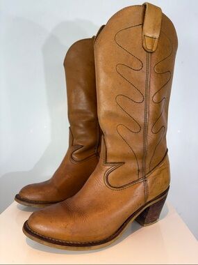 Vintage Tan Leather Western Cowboy Boots | Mid-Calf | Stacked Heel | Size 9